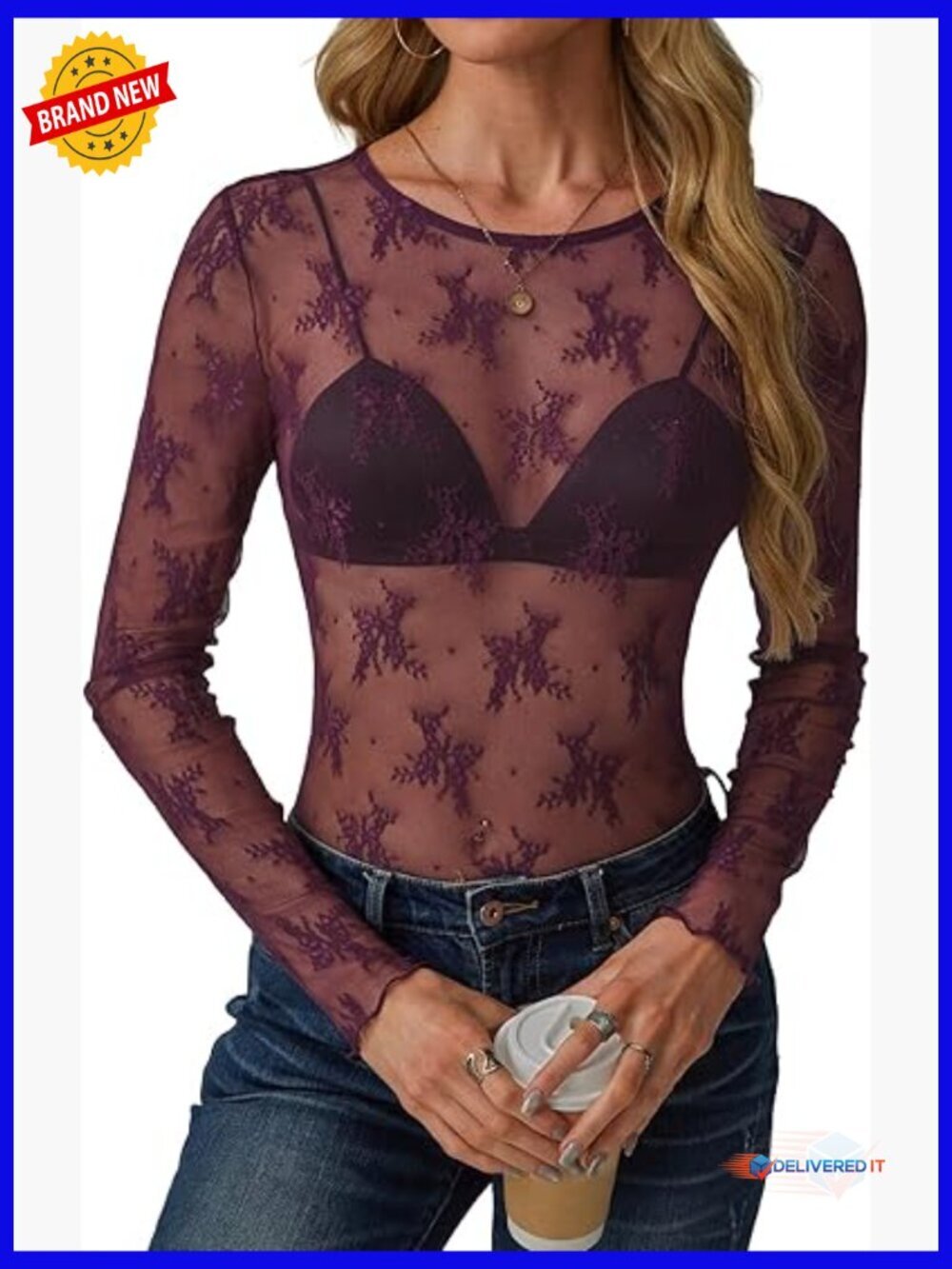 Sheer Mesh Long Sleeve Top with Floral Embroidery Crew Neck Slim Fit Thumbhole